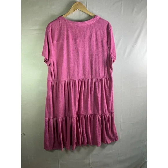 Knox Rose Pink Tiered Babydoll Dress V-Neck Short Sleeve Textured Crepe L - Picture 7 of 9